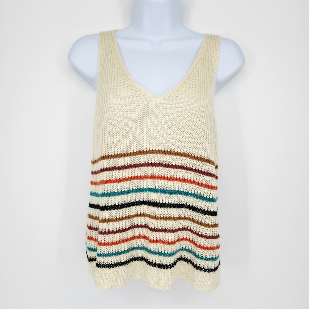 Earthy‎ Indie Stripe Womens Sleeveless Sweater Size M Colorful Knit V-Neck Fall